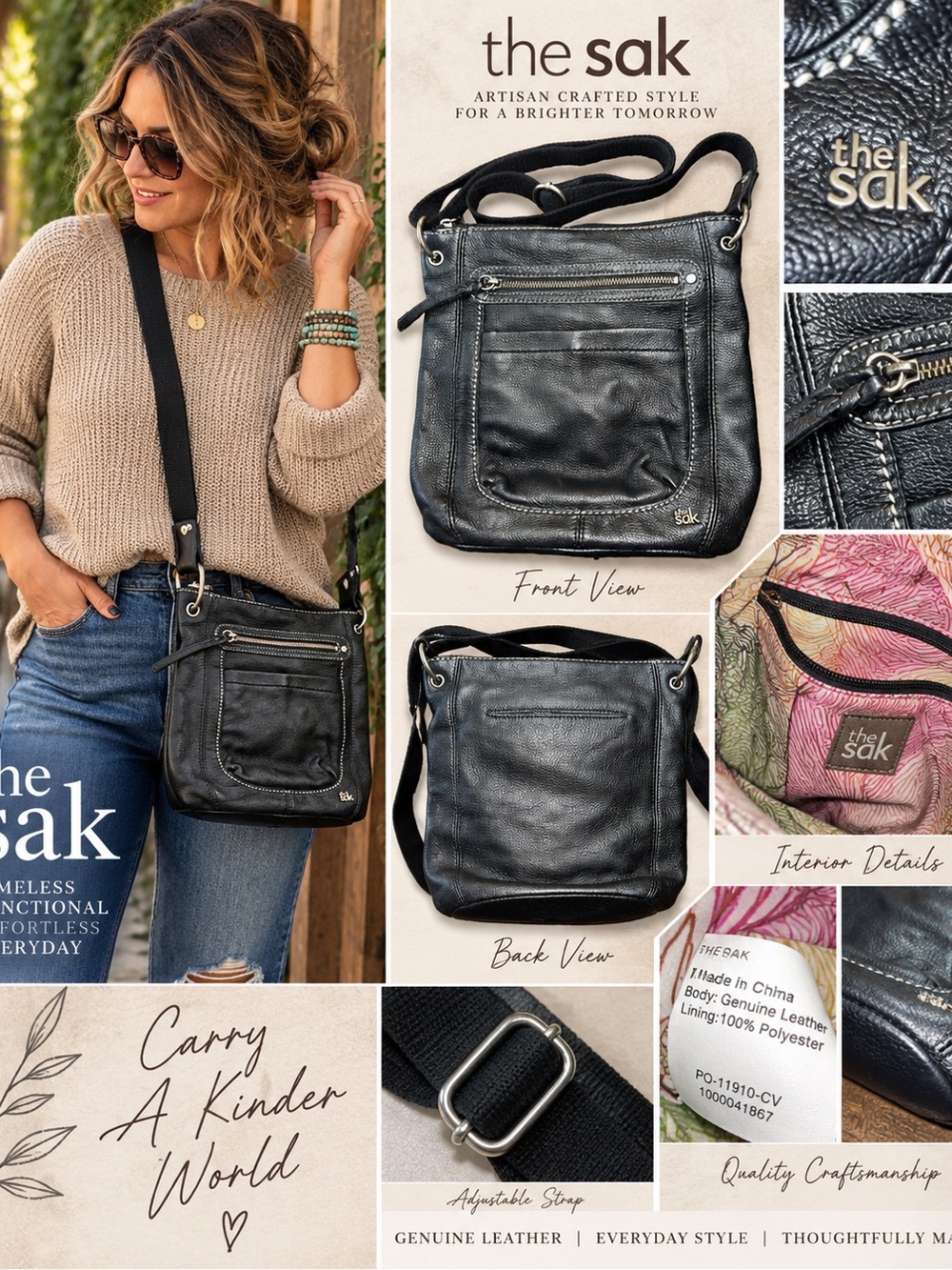 The Sak Black Leather Crossbody Bag with Adjustable Strap #1139CL
